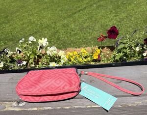 NWT Initials Inc Coral Pink Geometric Wristlet Kiss Lock Clutch Wallet Bag